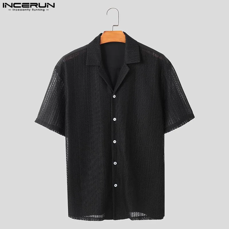 

INCERUN Men Shirt Hollow Out Patchwork Lapel Short Sleeve Summer Men Clothing Streetwear 2025 Loose Fashion Male Shirts S-5XL