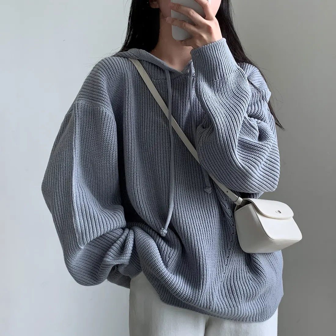 

Blue Hooded Knitted Pullover for Women Korean 2024 Fall Winter Casual Loose Long Sleeved Sweater Top 3 Colors