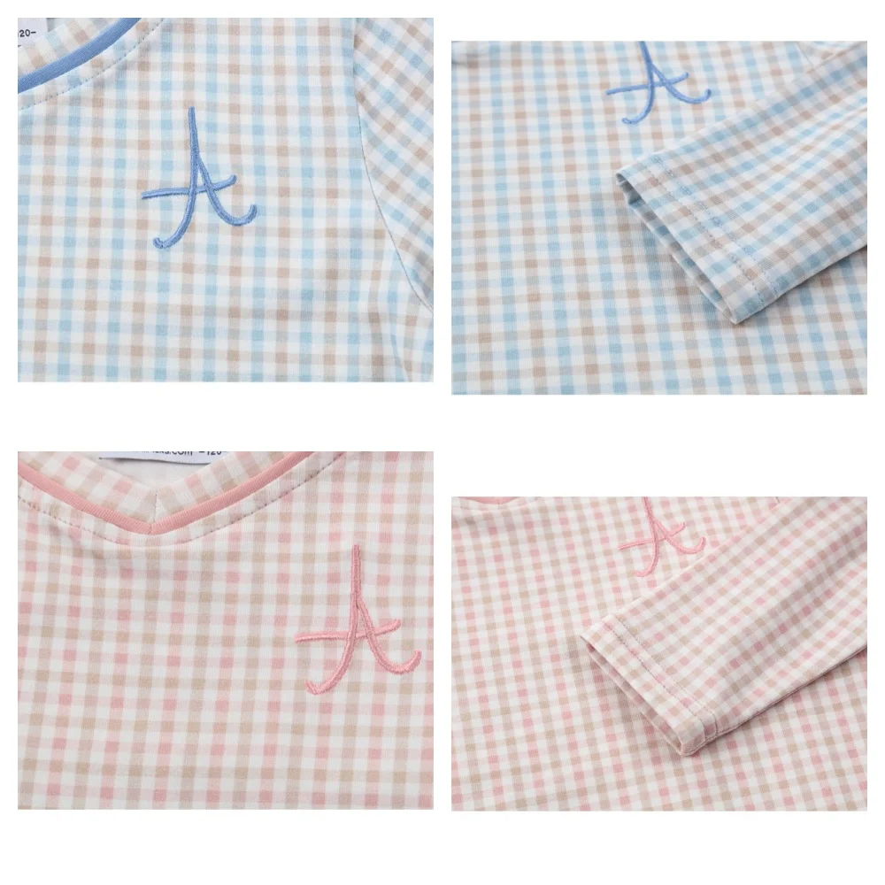 AP SS26 gingham plaid cotton pajamas children girl boy casual homewear dress set romper family matching clothing