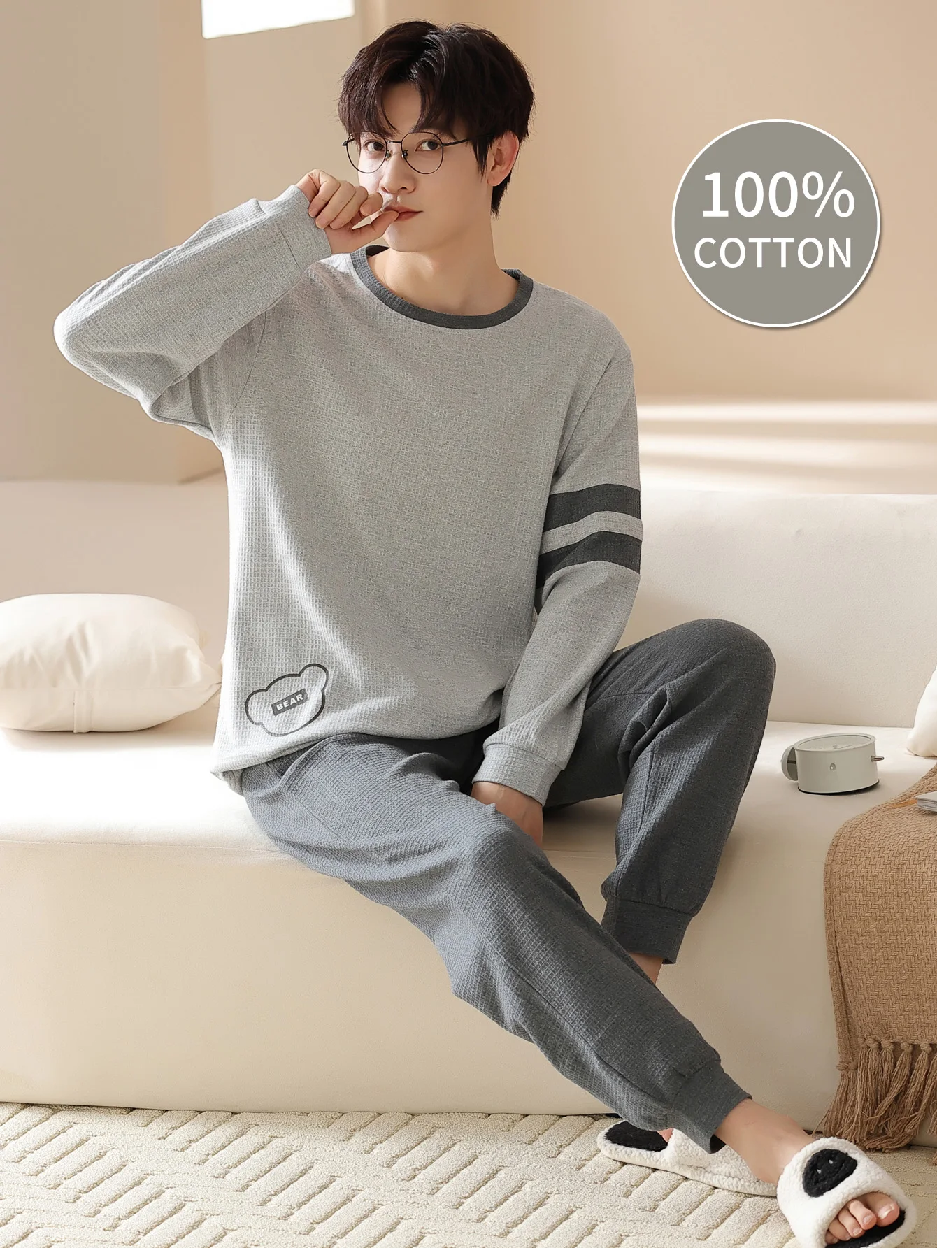 

Men's 100% cotton long sleeved four season plus size men's sleepwear, teenage pure cotton home suit set for warmth