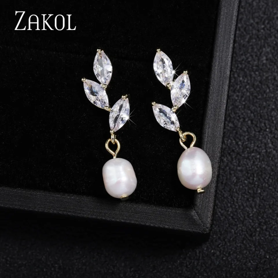 

ZAKOL Luxury Leaf Shape Cubic Zirconia Dangle Earrings With Imitation Pearl Pendant for Women Wedding Bridal Jewelry Bijoux