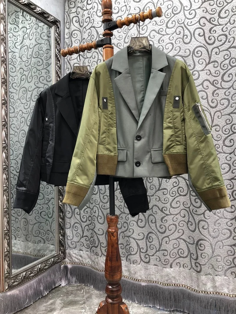 Abrigo con cuello con muescas para mujer, chaqueta verde y negra de retales, de alta calidad, novedad de otoño e invierno, 2024