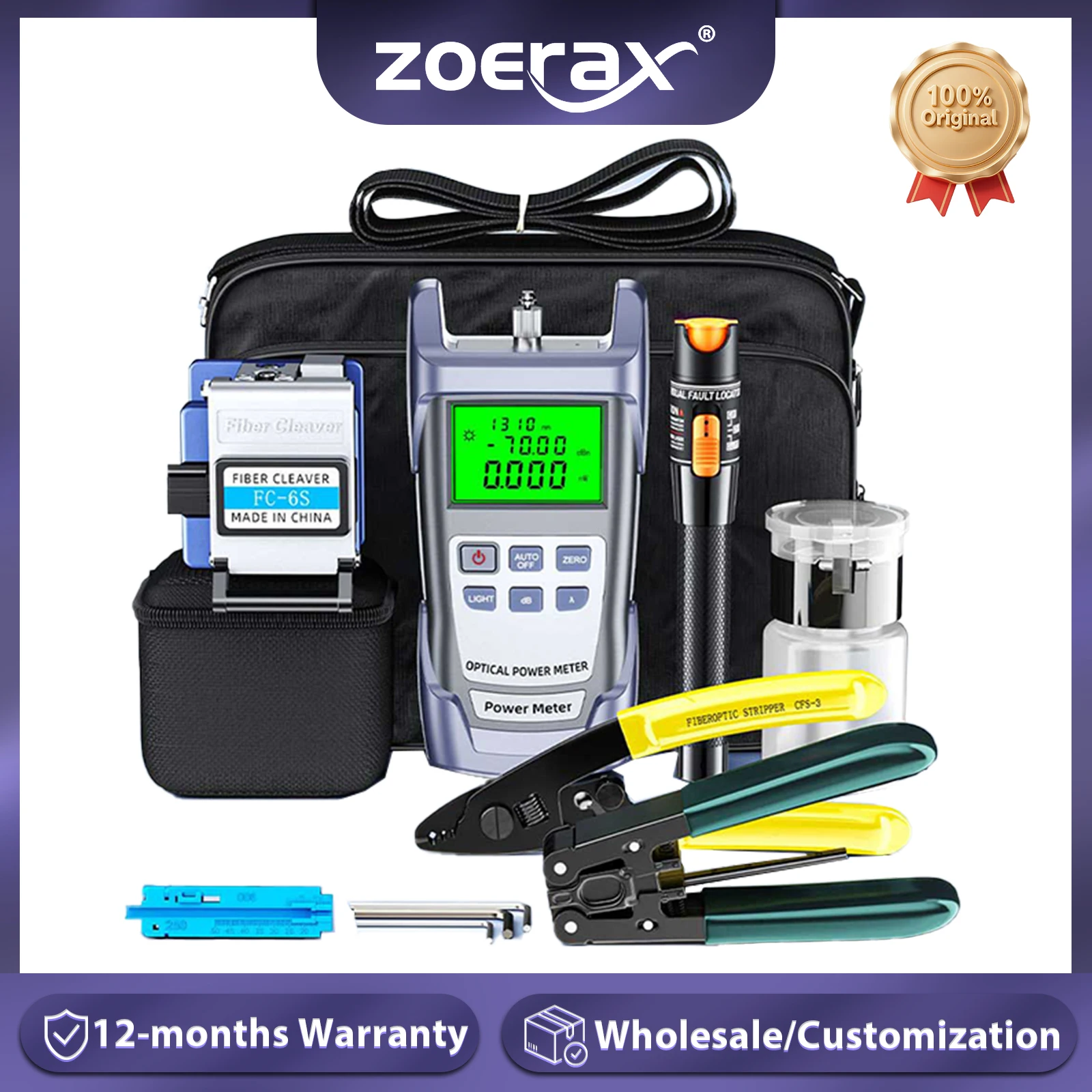 ZoeRax 11 in 1 FTTH Fiber Optic Tool Kit with -70~+10dBm Optical Power Meter 10MW Visual Fault Locator Fiber optic Cutter