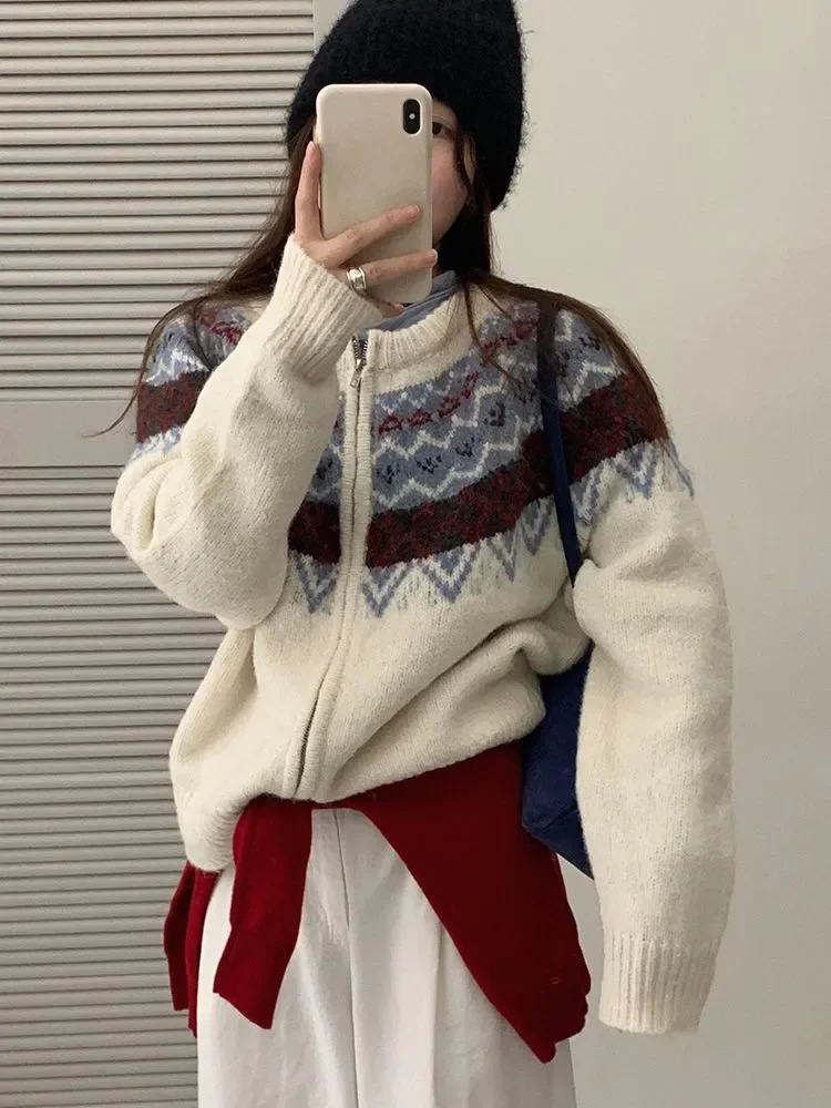レトロなラウンドネックジャカードジッパーニットカーディガン、女性用春と秋のセータージャケット