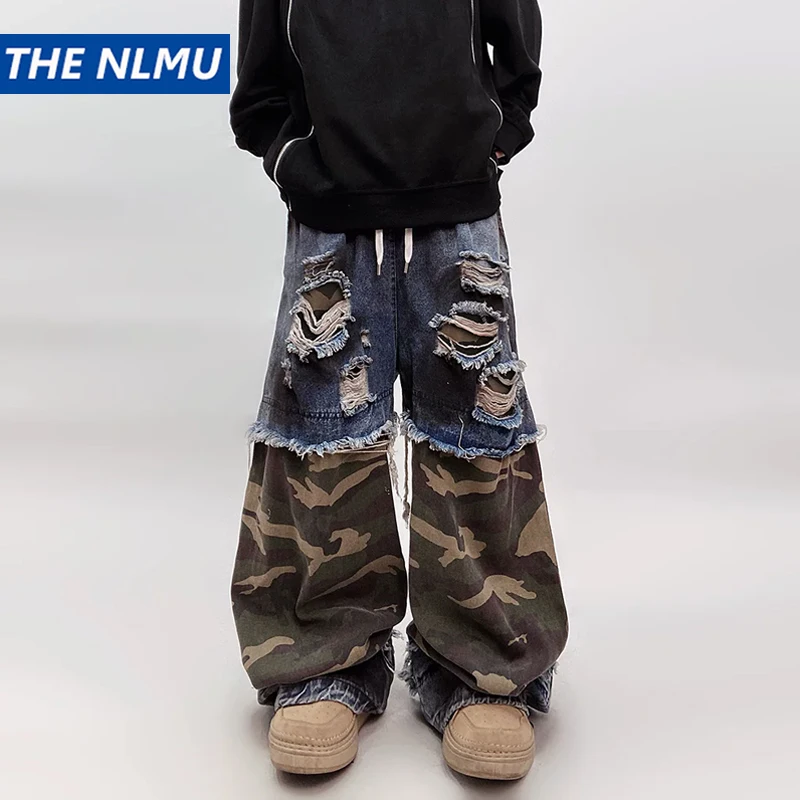 

Hip Hop Vintage Distressed Denim Pants Camo Patchwork Loose Ripped Wide Leg Trousers Streetwear Baggy Jeans for Men Women