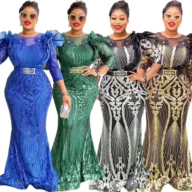 Africa Clothes 2025 Plus Size African Party Dresses for Women Dashiki Ankara Sequin Wedding Evening Gown Bodycon Maxi Long Dress