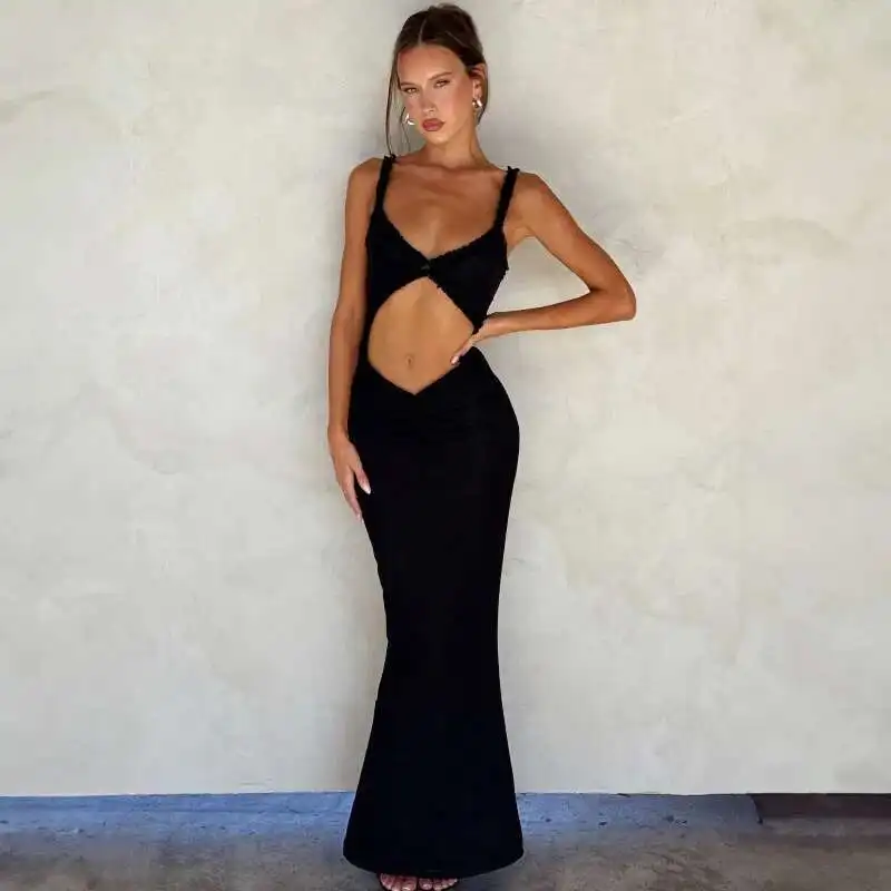 

Sexy Evening Club Party Dresses Women 2025 Summer Sleeveless Backless Hollow Out Maxi Long Dress Elegant Bodycon Black Robe