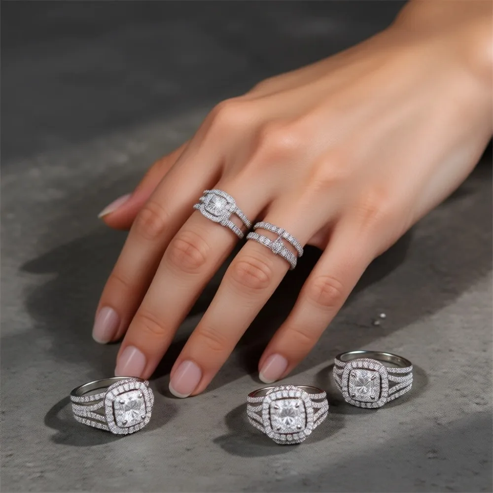 

Набор из трех колец из стерлингового серебра с квадратными фианитами: обручальное, помолвочное и свадебное кольца