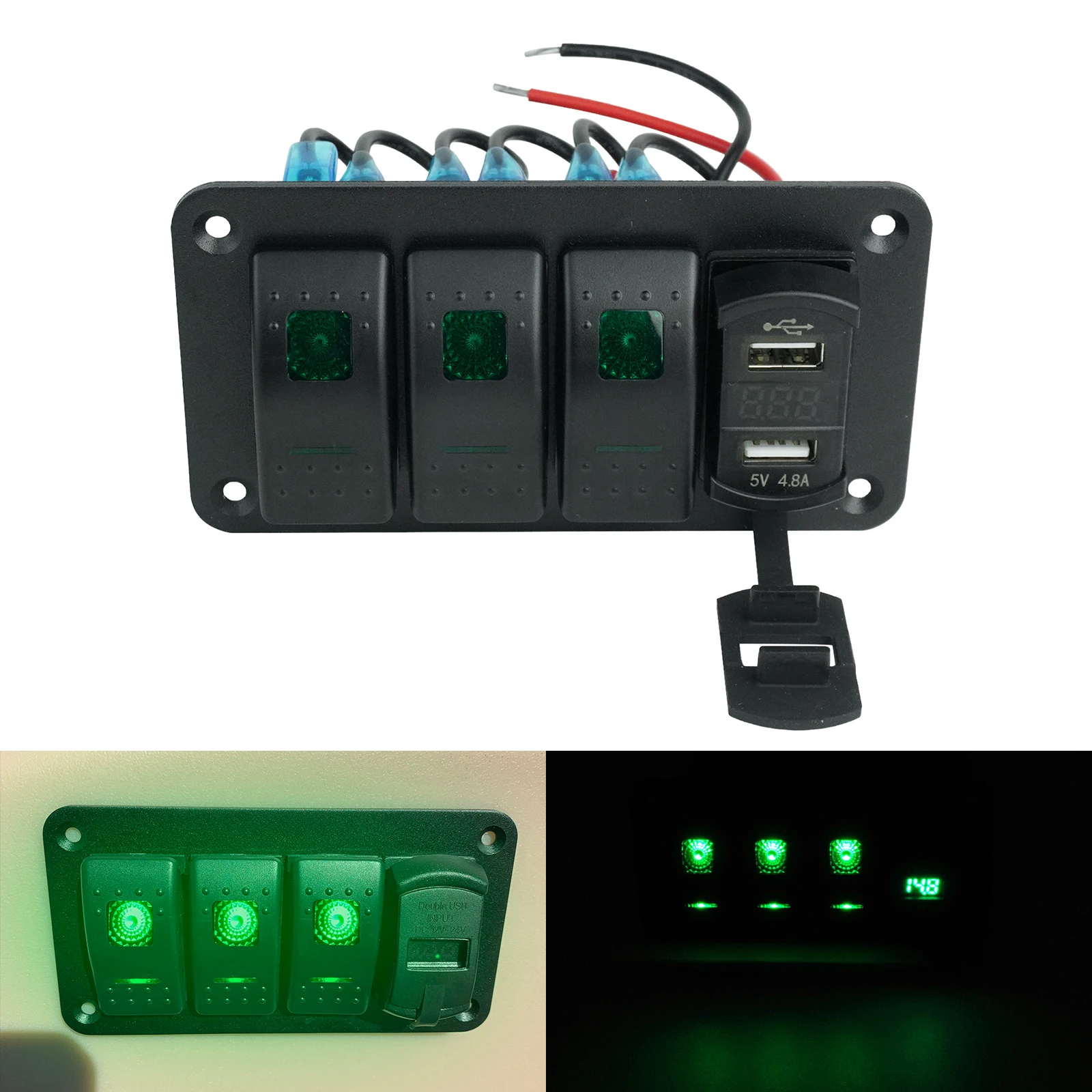 3 Gang 12V/20A 24V/10A Dual USB Interface Toggle Rocker Switch Panel Green LED Light Campervan Boat Marine RV Motorhome