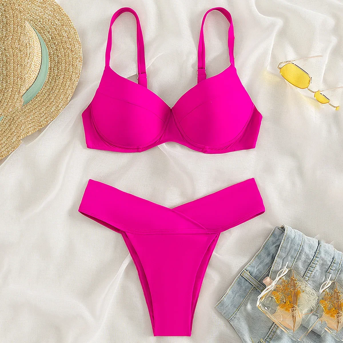 Sexy Rose Red Bikini Set Push Up Swimsuit Women 2024 High Waist Swimwear Underwire Bathing Swimsuit Brazilian Bikini Mujer