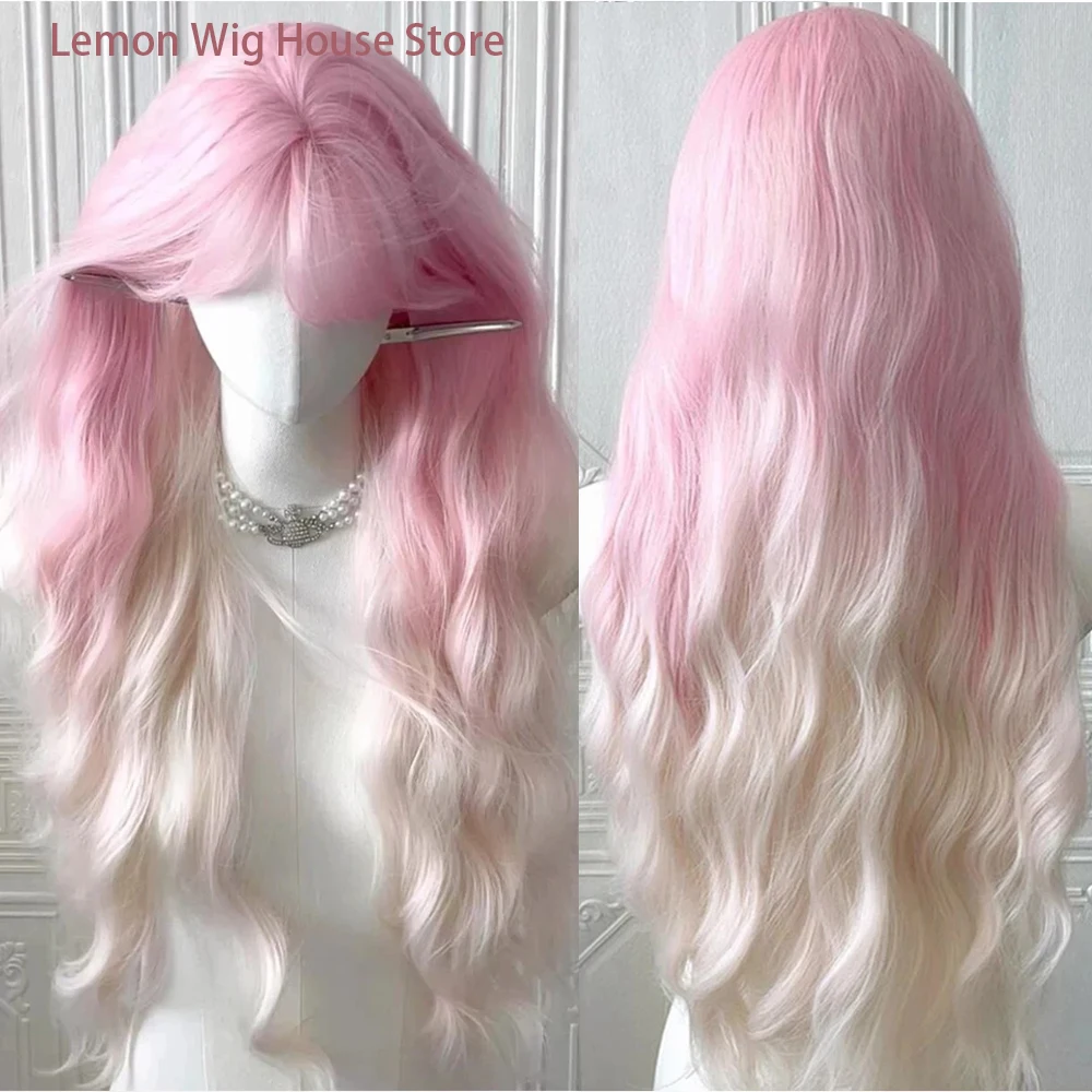 ロングウェーブピンクオンブレホワイト合成ウィッグ、前髪付きロングカーリーヘアロリータウィッグ、女性用デイリーコスプレハロウィンコスチュームウィッグ