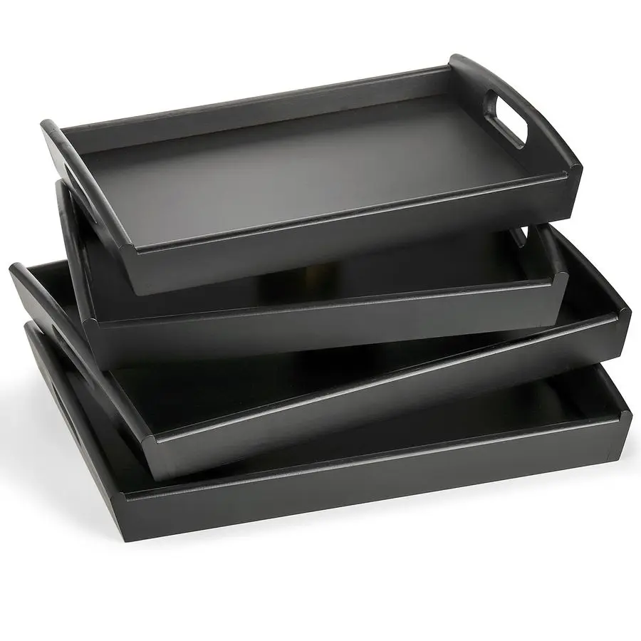 

4 Pack Bamboo Serving Tray, Kitchen Food Tray with Handles, Wooden Trays for Eating, Breakfast, Dinner, Tea, Bar, Restaurant, Pa