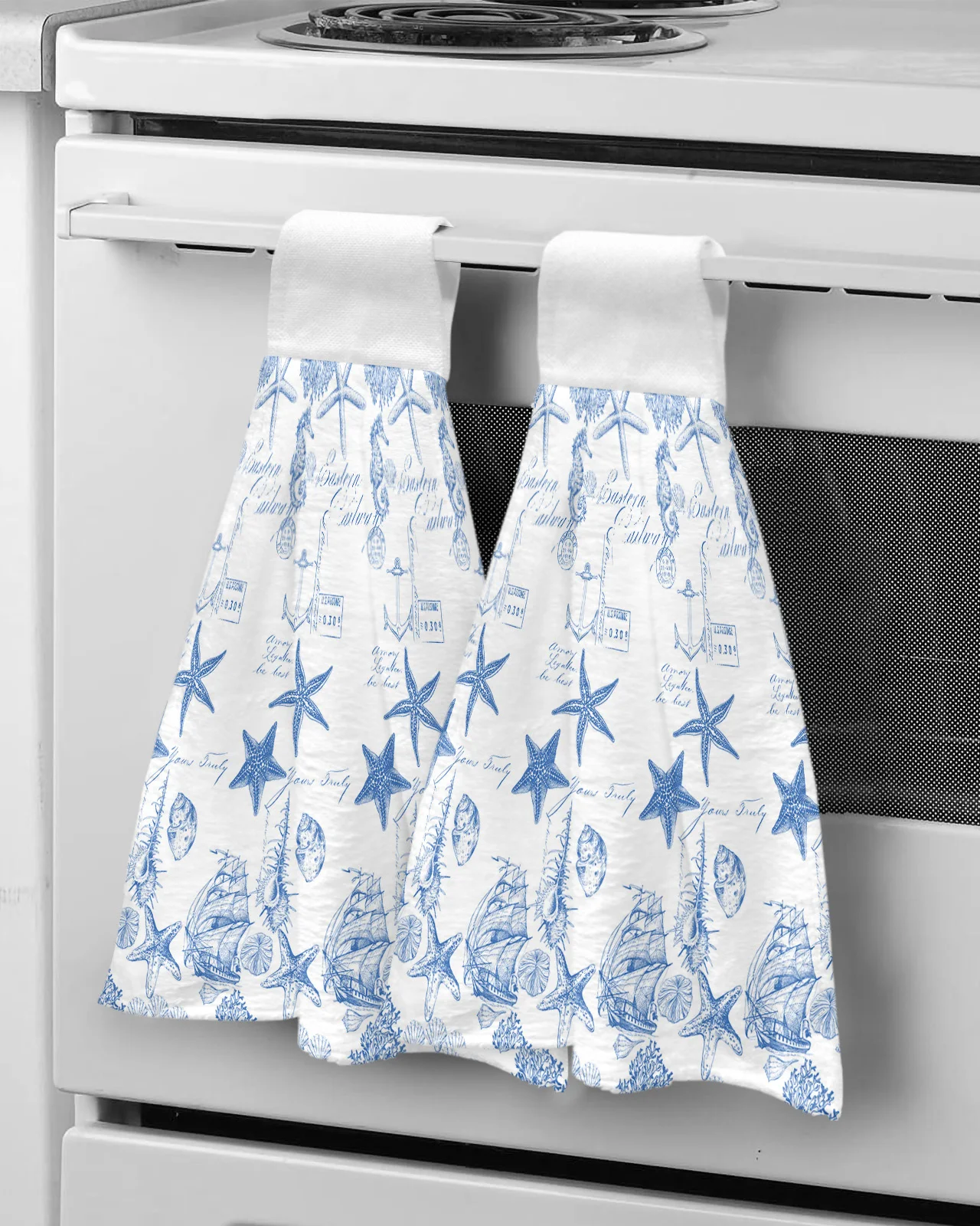 Blue Ocean Starfish Conch Seahorse Anchor Hand Towel Bathroom Supplies Absorbent Dishcloths Hanging Cloth Kitchen Accessories