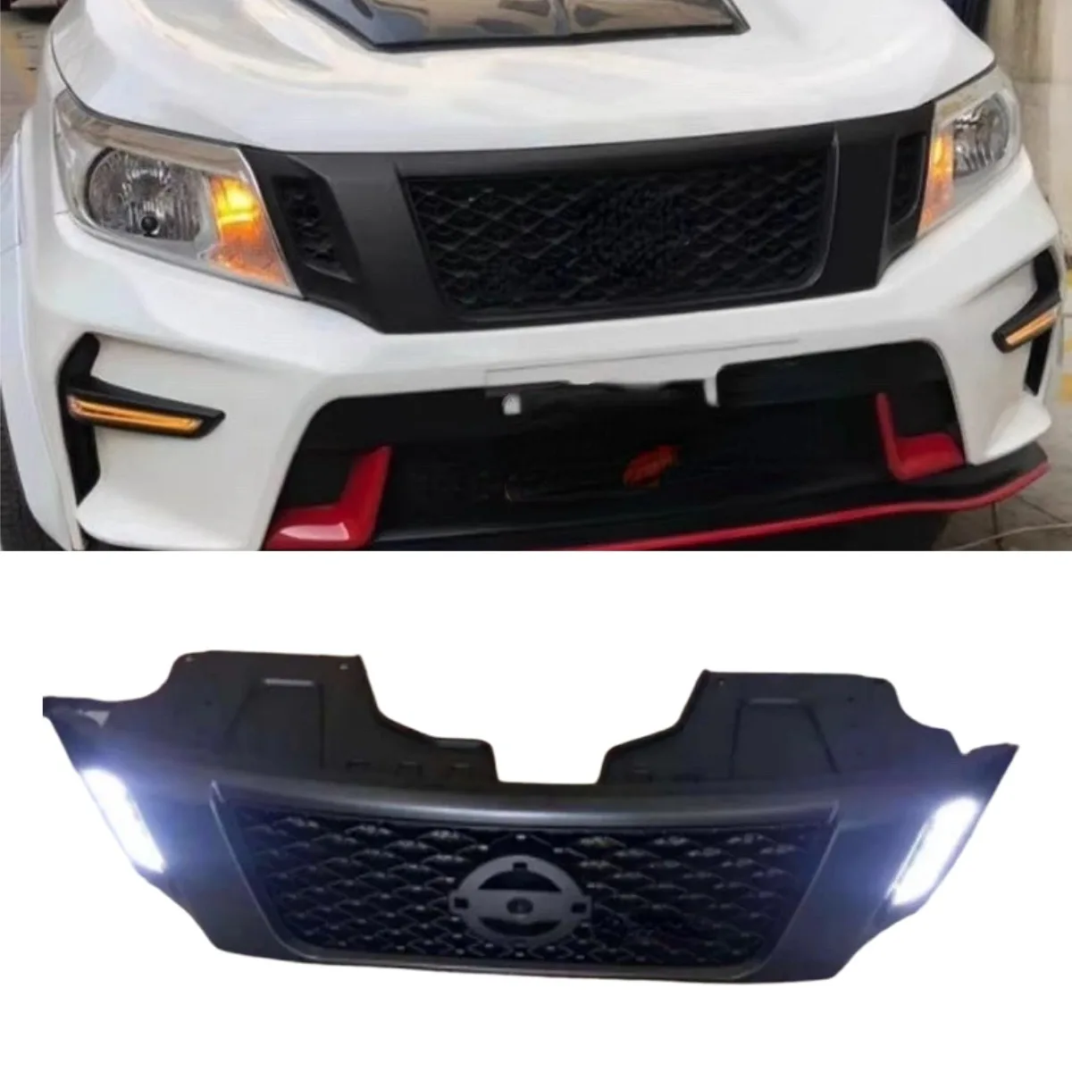 For Nissan NAVARA NP300 Car LED Bumper Grill Decorative Cover Trim Racing Grille Body Kit Front Bumper Grill Exterior Part