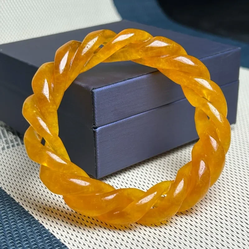 

Natural High Ice Yellow Quartzite Jade Hollow Twist Bracelet, Exquisite Fashion Women's Jade Bracelet Jewelry