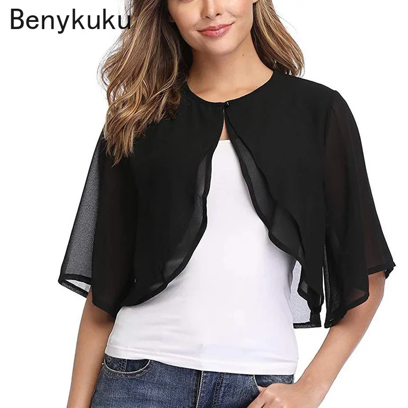 Summer Solid Chiffon Shirts Capes Women Half Sleeve Shrug Open Front Bolero Tops Cardigan Elegant Female Clothes Black White Red