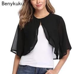 Women Half Sleeve Open Front Cropped Sheer Bolero Chiffon Shrug Cardigan Top for Wedding Party Dress Fashion Cover Up Shawl Coat