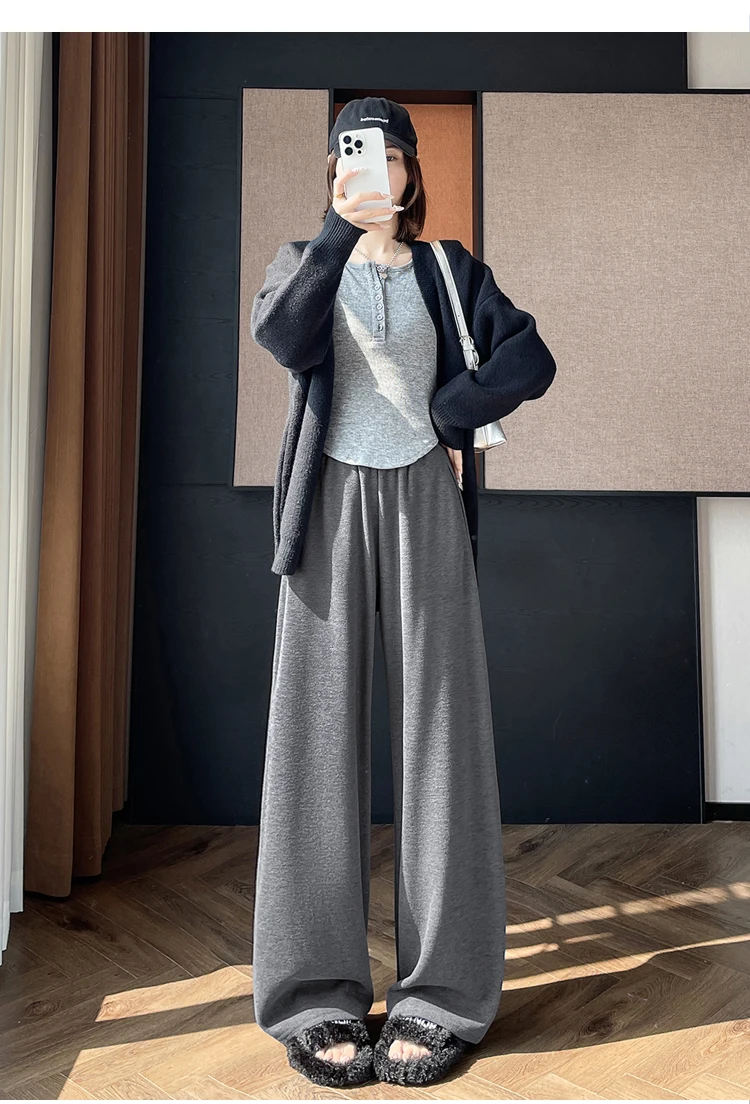 عالية الجودة الكشمير Sweatpants النساء 2025 خريف شتاء عالية الخصر ثنى بنطلون أنثى مستقيم واسعة الساق بنطلون رياضي ZT310 #3