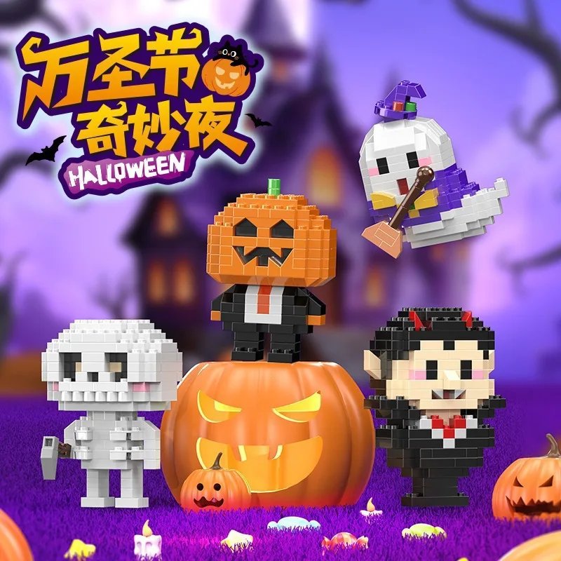 Halloween Micro Building Blocks Mini Bricks Pumpkin Man Ghost Skeleton Vampire Figure Desktop DIY Puzzle Toy Holiday Gift