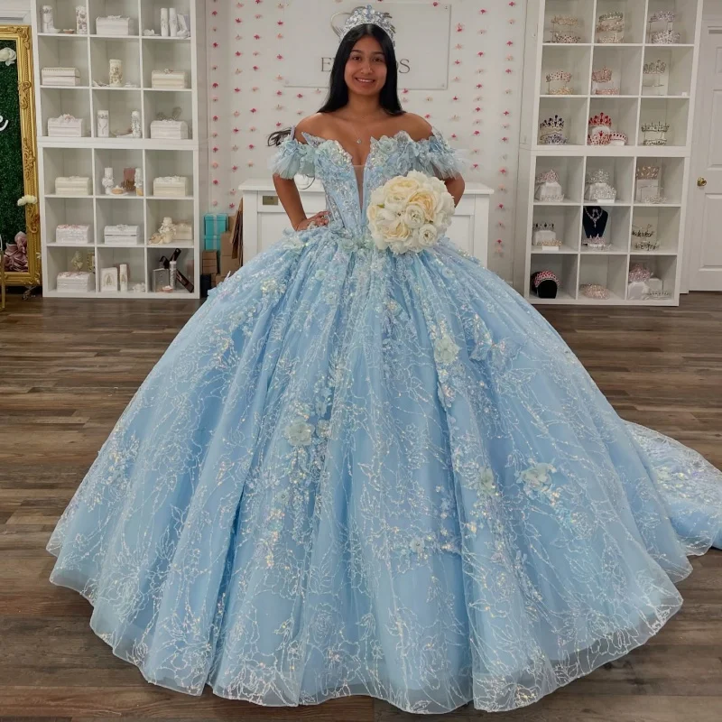 

Shiny blue Quinceanera Dress off-shoulder Glitter crystal 3D flower Decal Long tail Bow Vestidos De 15 Quinceanera ﻿Customize