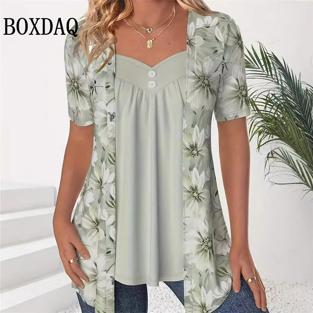 Blusas femininas de manga comprida, elegante patchwork, camisas estampadas de duas peças, tops soltos casuais plus size, moda outono e inverno, 2024