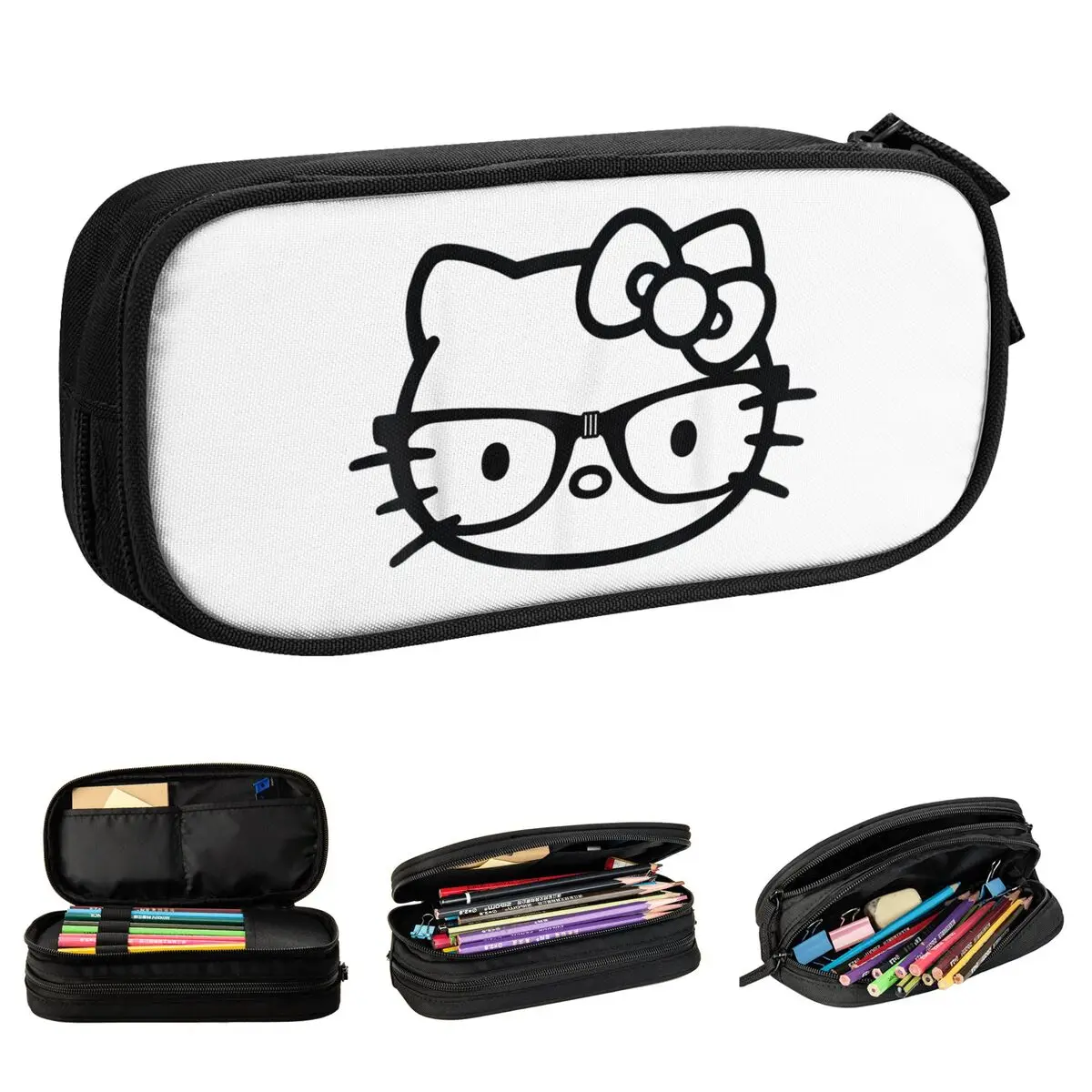 Creative Hello Kitty Nerd Glasses Pencil Case Japan Cartoon Pencil Pouch Pen Large Storage Pencil Bags Students Gifts Stationery