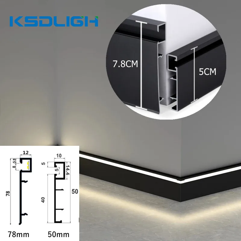 0.5/1M 1-10/stücke 50mm Sockel Linie LED Aluminium Profil Baseboard Fest Bar Streifen licht Suface Montiert Metall Wand Kanal Lampe