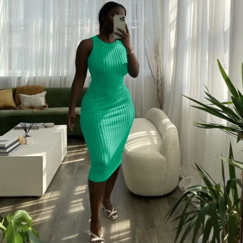 

2025 New Summer Women Vest Dress Fashion Casual Knit Sleeveless O Neck Midi Dress Tight Hip-hugging Dress Beach Party Dresses