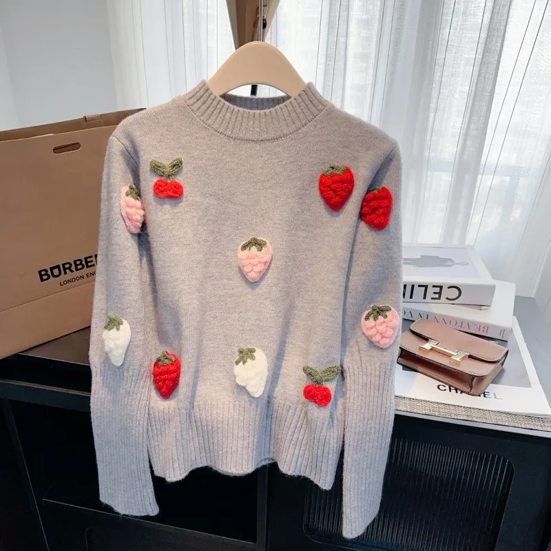 3D Embroidery Strawberry Sweater Pullover Women Long Puff Sleeve Crop Tops Black Knitwear 2025 Autumn Winter Fashion Chic Jumper