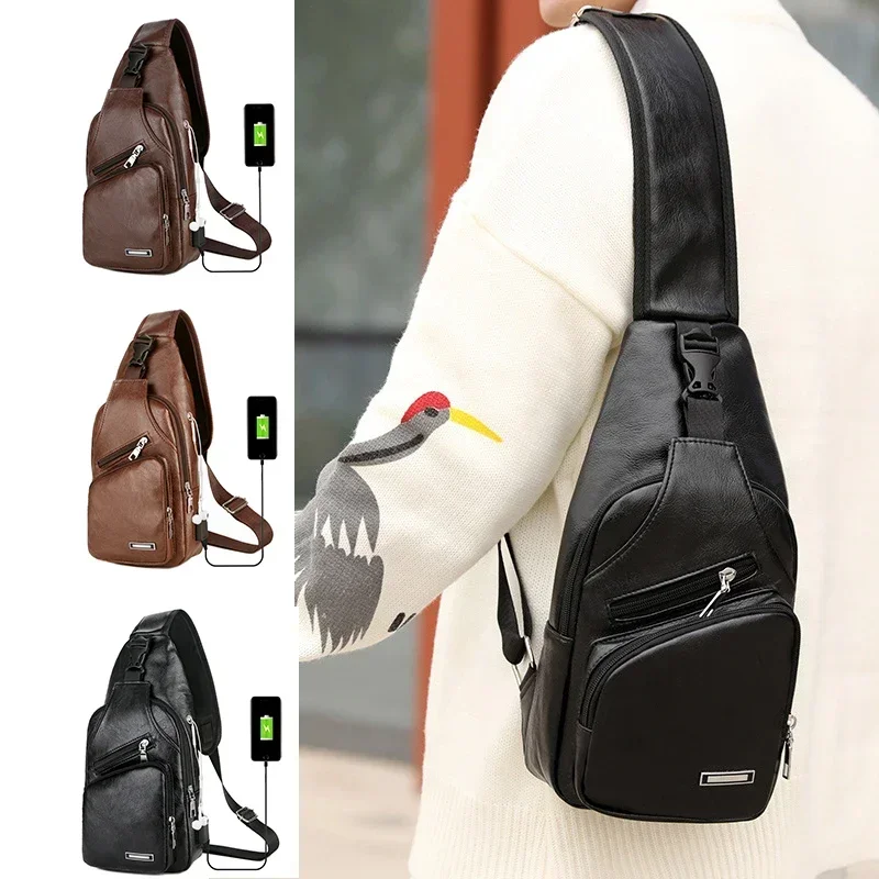

New Crossbody Bag Men Creative Usb Charging Chest Bag Casual Retro Pu Shoulder Bag Outdoor Riding Sports Travel