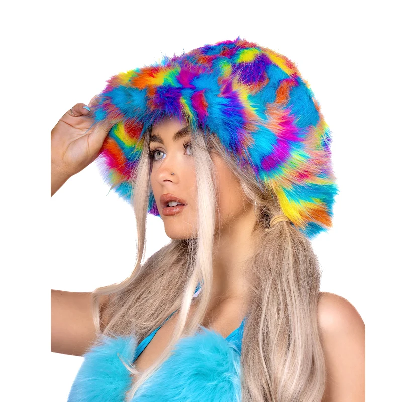 Y2K Girls Faux Fur Fluffy Heart Shape Shoulder Bag Female Winter Warm Sherpa Fur Bucket Hats Rainbow Fuzzy Hat For Adult