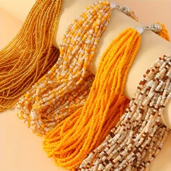 1 PC Bohemian Yellow Orange Fashionable Simple Multi layer Rice Bead Necklace Tie Neck Women's Neck Chain Clavicle Chain
