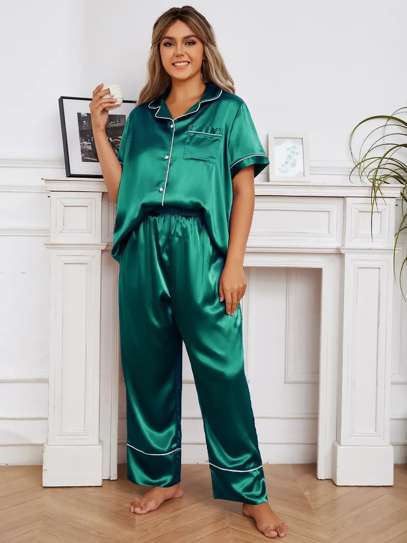 Solid Silk Satin Women\'s Pajamas Sets Short Sleeve Front Button Top & Elastic Waist Wide Leg Pants Female 2 Piececs Sleepwear