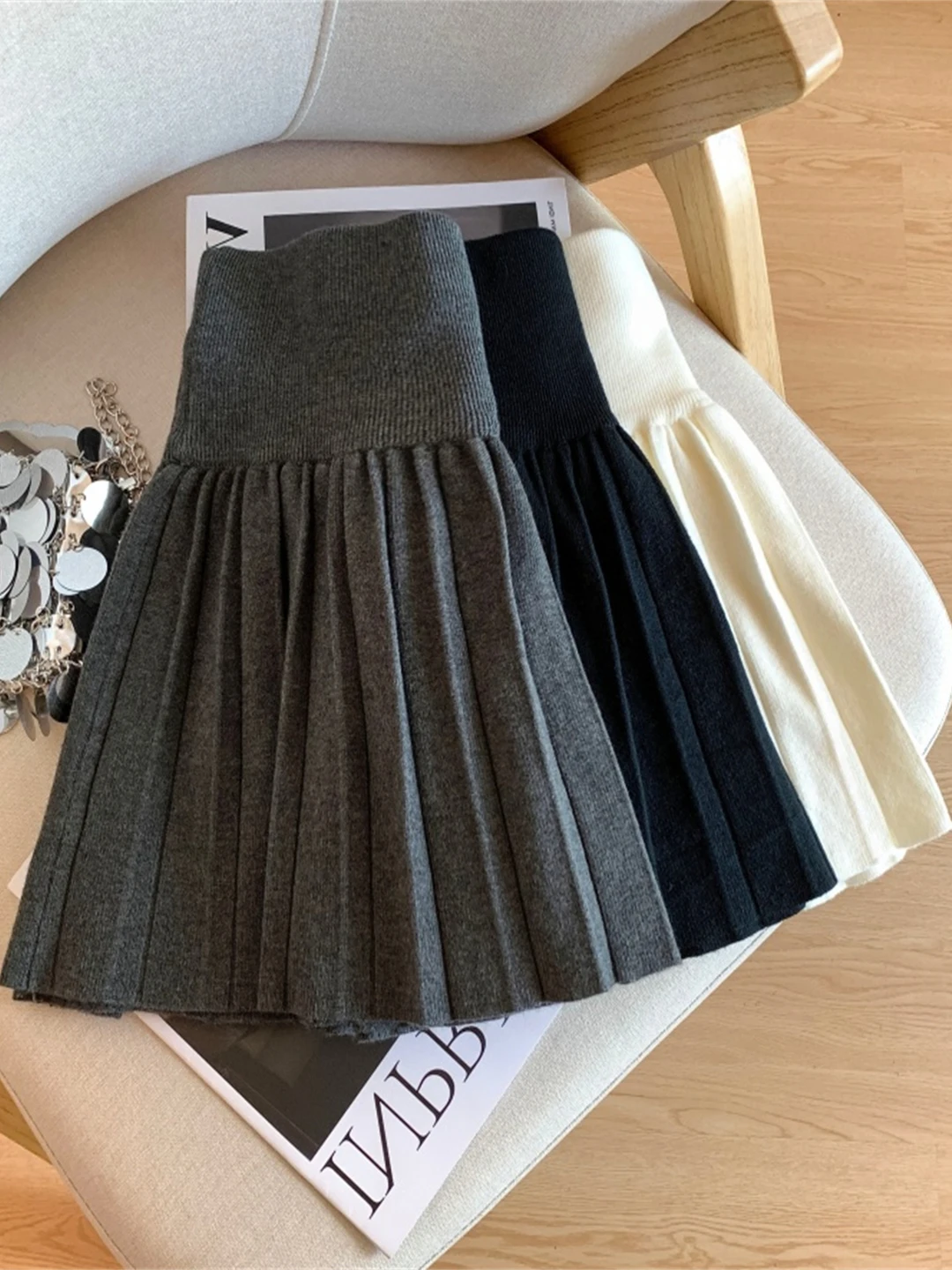 

Вязаная плиссированная юбка трапециевидной формы с высокой талией для женщин, утягивающая осень-зима, модная повседневная прямая облегающая юбка больших размеров