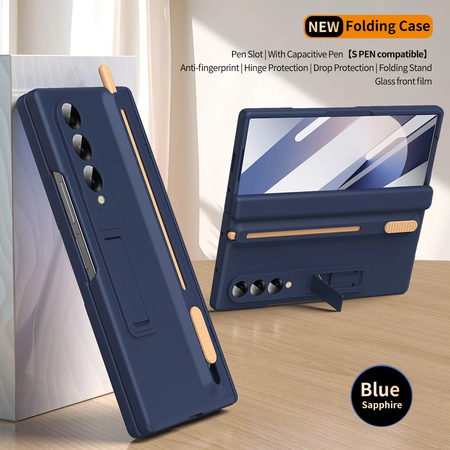 

For Samsung Galaxy Z Fold 6 5 4 3 Case Skin Friendly Matte Pen Slot with Pen Folding Hinge Stand Holder Tempered Film Hard Cover