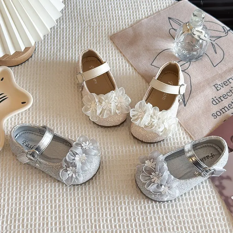 

Girls Princess Shoes Sweet Flowers Kids Leather Shoes Shiny Sequins Round Toes 2026 Brand New Children Flat Shoes Non-slip Soft