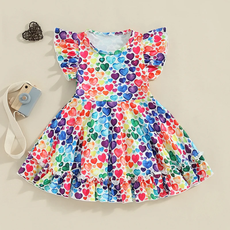 Kids Baby Girl Valentine’s Day Heart Dress Fly Sleeve Casual Round Neck Swing Dress Party Princess Dresses