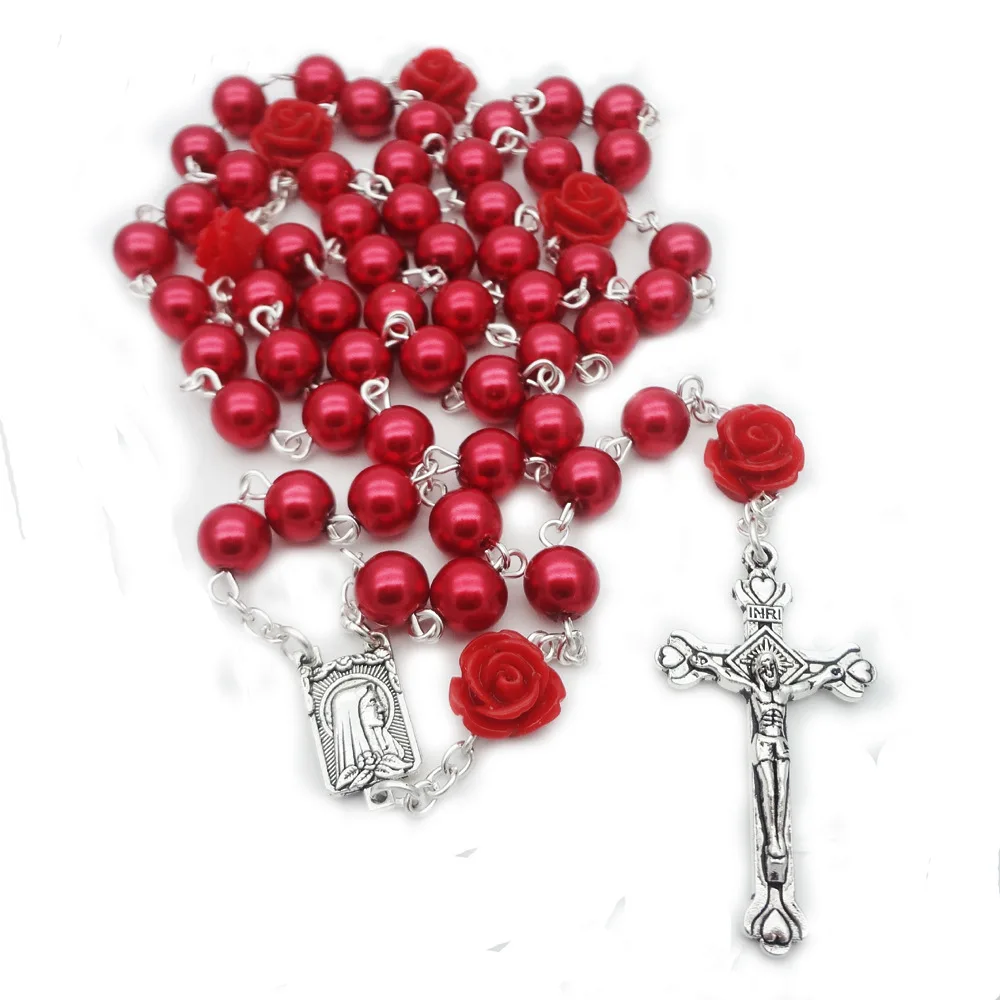 6 Colors Resin Rose Glass Pearl Fashion Rosary Long Pendant Necklace Religious Faith Maria Jesus Cross Women Jewelry Gifts