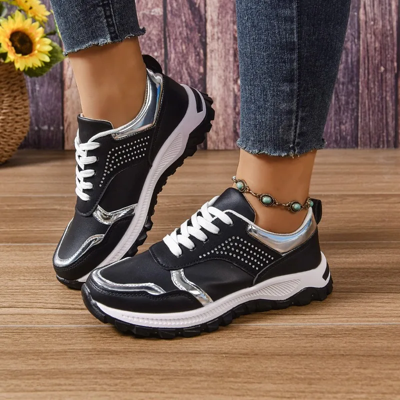 

shoes female 2025 new Lace-up Women's Vulcanize Shoes Fashion color matching Casual crystal sequins plus size classic sneakers