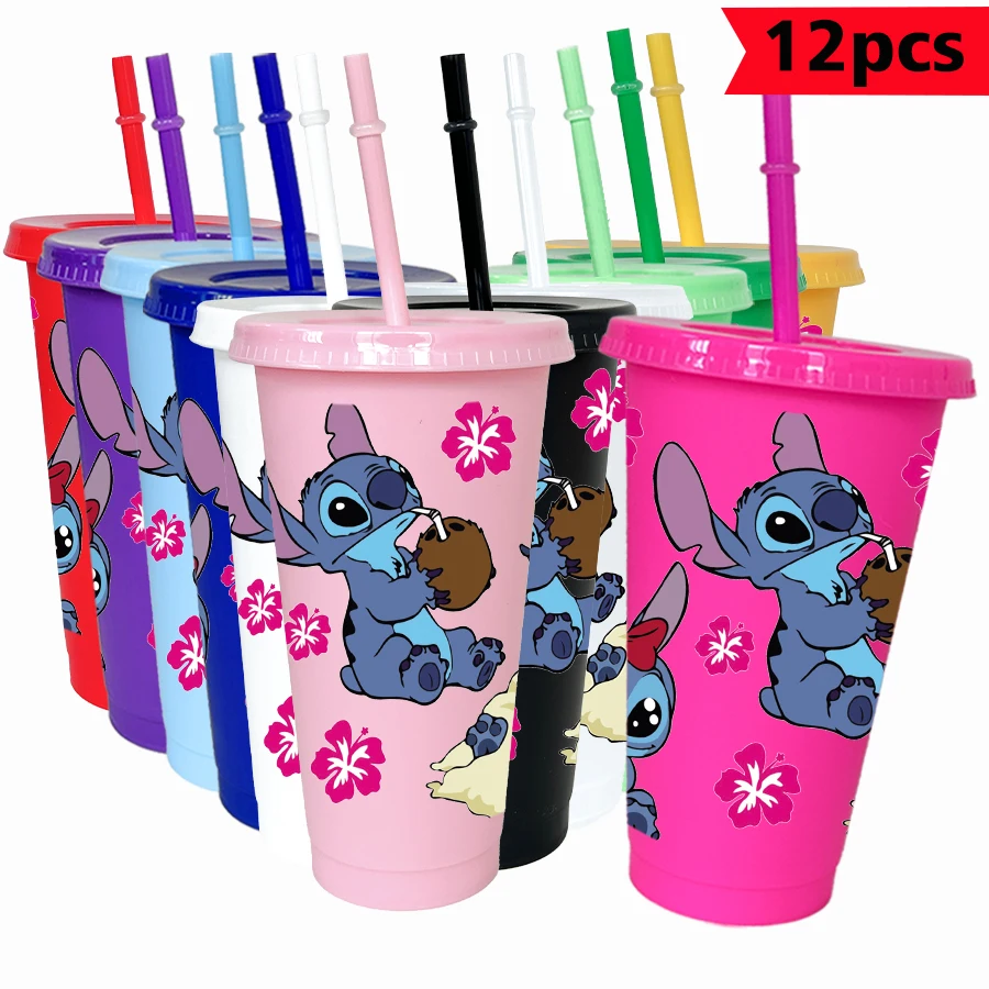 

12 шт./упак. Disney Stitch Flowers 26 унций цветной пластиковый стакан для дня рождения, питьевая посуда, кружка для сока, кофе