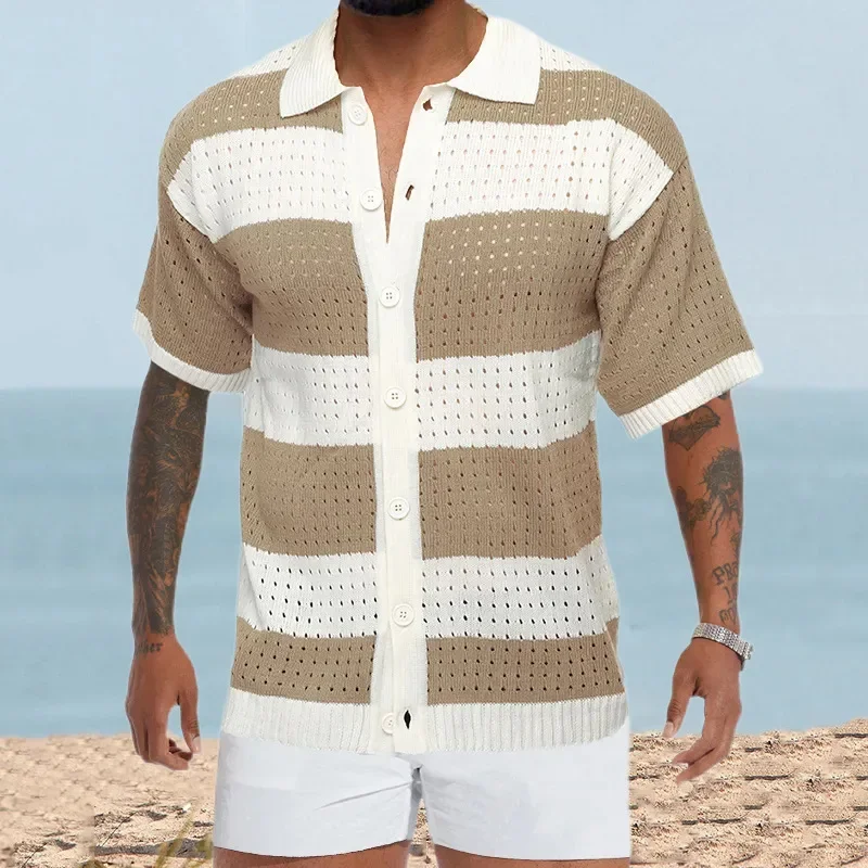 

2024 knitted cardigan polo collar short-sleeved color matching thin hollow jacket vacation beach muscle men's clothing