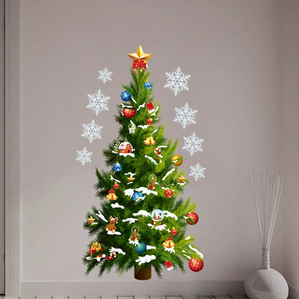 Xmas Tree Sticker Set Christmas Wall Decals Snowflake Design Self Adhesive Window Showcase Decor Indoor Holiday Murals 2Pcs