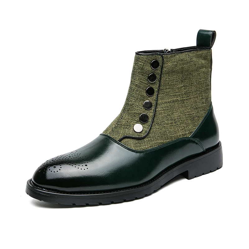 Trendy green cloth panel Chelsea boots Men\'s short boots Pointed leather shoes Versatile Casual Boots Daily Party Dress Shoes