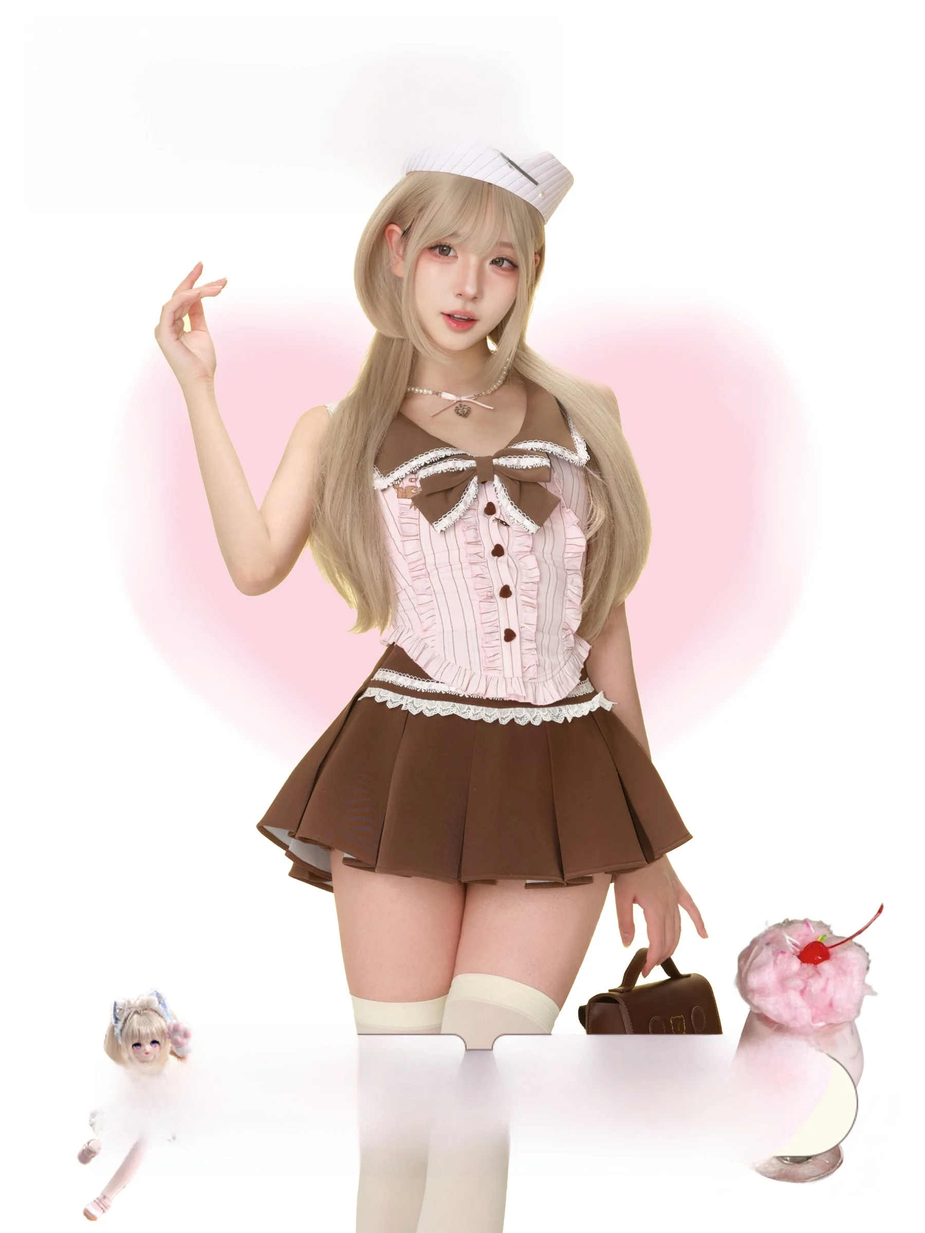 

Коричневая юбка ort с розовыми полосками и галстуком-бабочкой Stberry Girl's Nut College Sle Faion Set Summer Collection