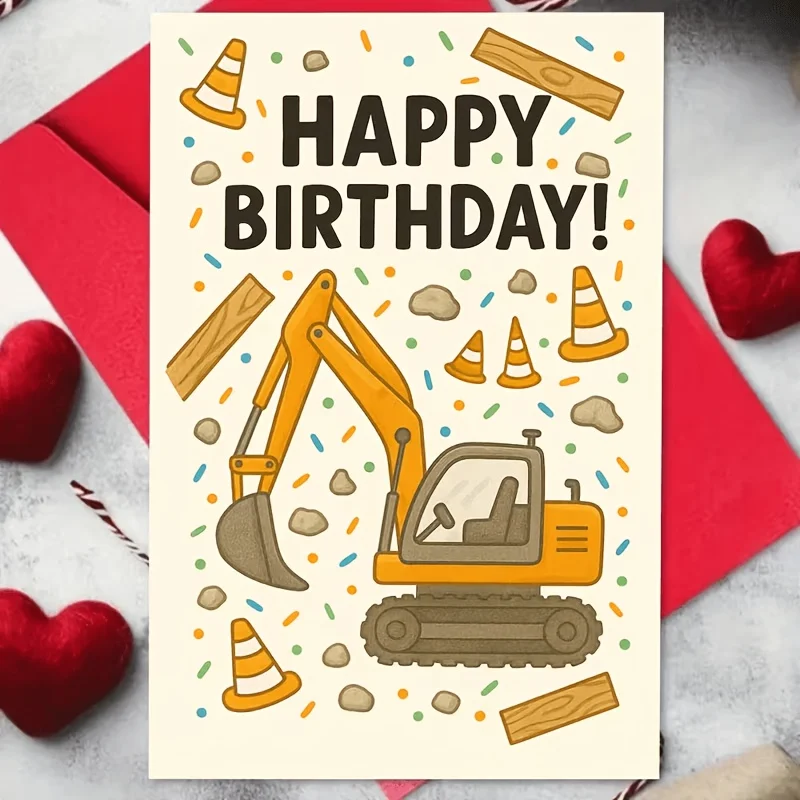 Birthday Card Featuring an Engineering Excavator, Includes an Envelope. a Fun Design Centered Around Heavy Machinery, Rocks