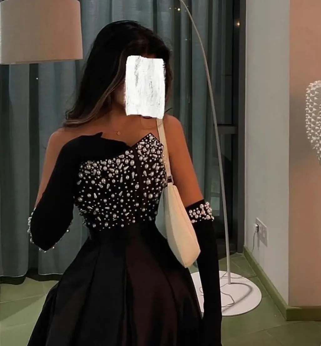 

Black Arabic Prom Birtnday Dress Strapless Pearls Beads Sequin Satin Evening Formal Party Dresses Gowns Gala Robe De Soriee