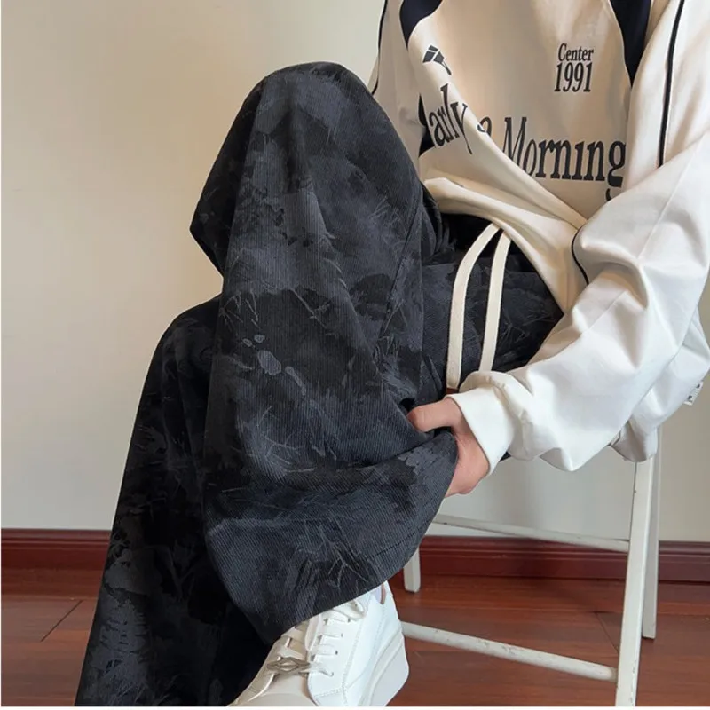 

Chinese-style printed pants mens Casual Straight Leg Loose Fit Tactical Cargo Joggers Wide Leg Tie Dye Trousers Pocket pants man