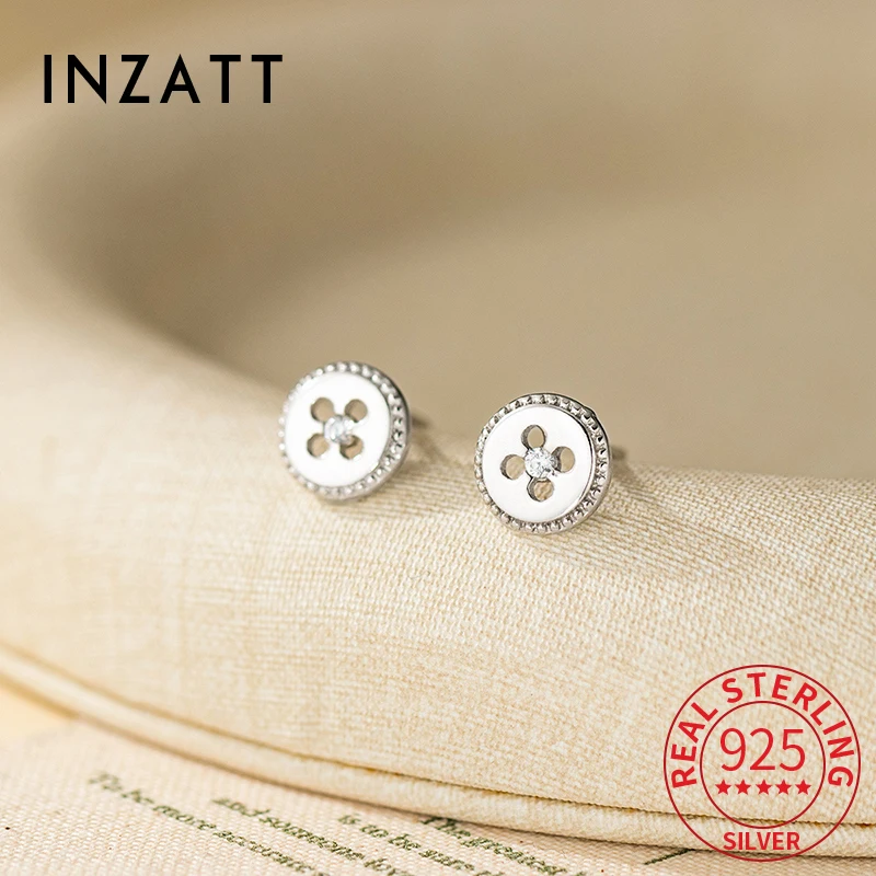 

INZATT Real 925 Sterling Silver Round Button Mini Stud Earrings for Women Cute Fine Jewelry Light Luxury Accessories