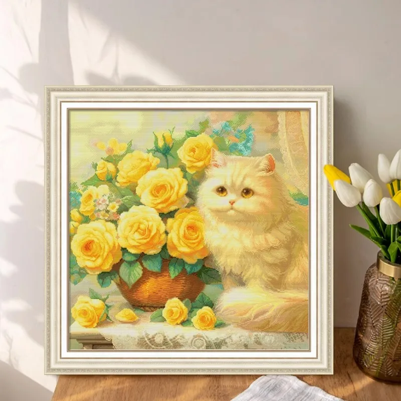 Imagem -03 - Rose e Gato Impresso Kit Ponto Cruz Padrão Animal Bordados Artesanais Faça Você Mesmo Artes Agulha Home Wall Decor