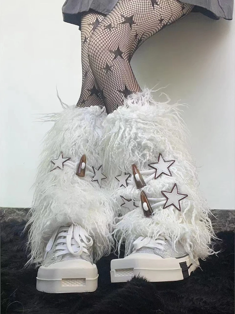 

Корейские модные женские пушистые гетры в стиле Харадзюку, винтажные теплые плюшевые носки Jk для девочек с милыми звездами Y2k, эстетичная уличная одежда